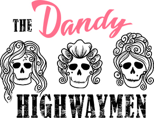 Logo for The Dandy Highwaymen: Three skulls with 18th century periwigs = The Dandy Roger